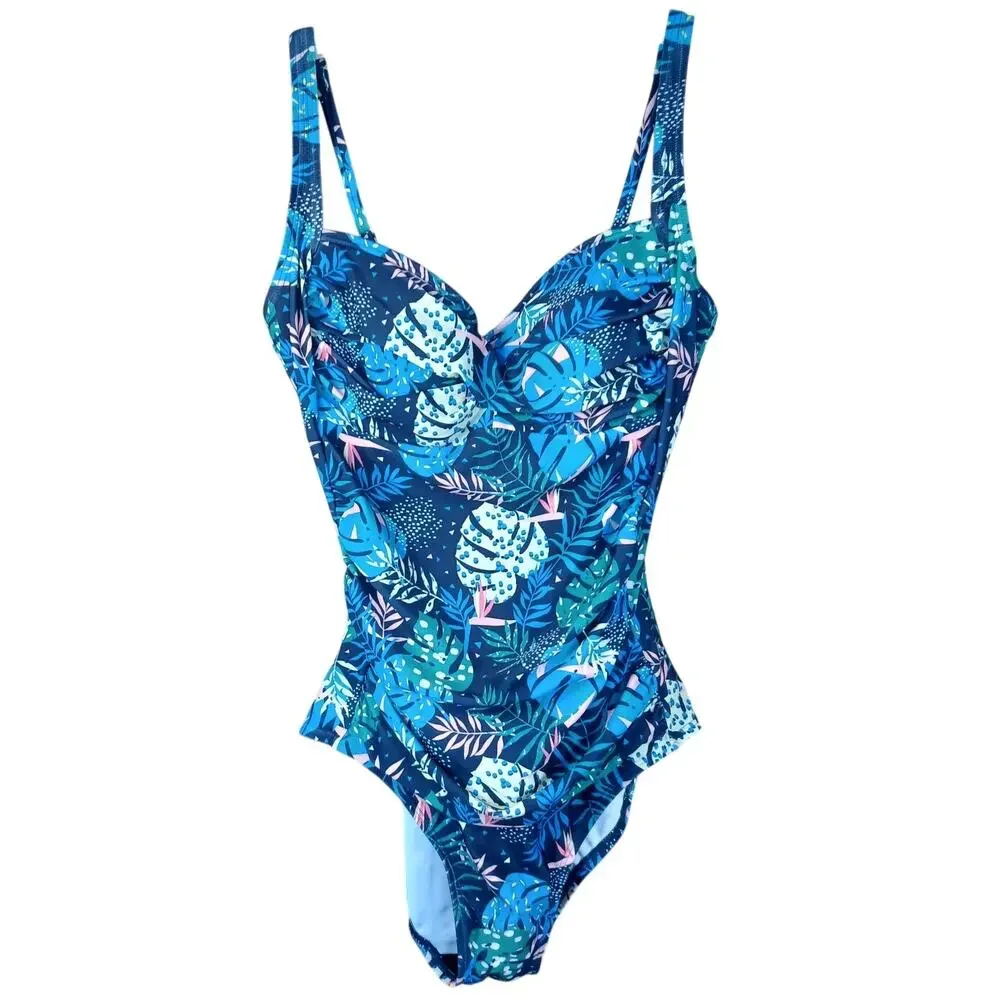Emerald Bay Women's Size 14 Blue Tropical Leaf One Piece Tummy Control Swimsuit - Picture 3 of 7